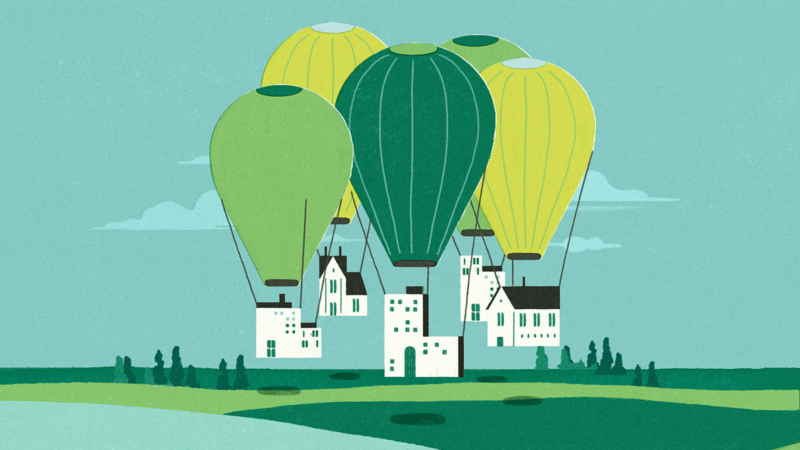 A stylized illustration of four enormous balloons carrying 4 white houses over a hilly landscape in front of a blue sky