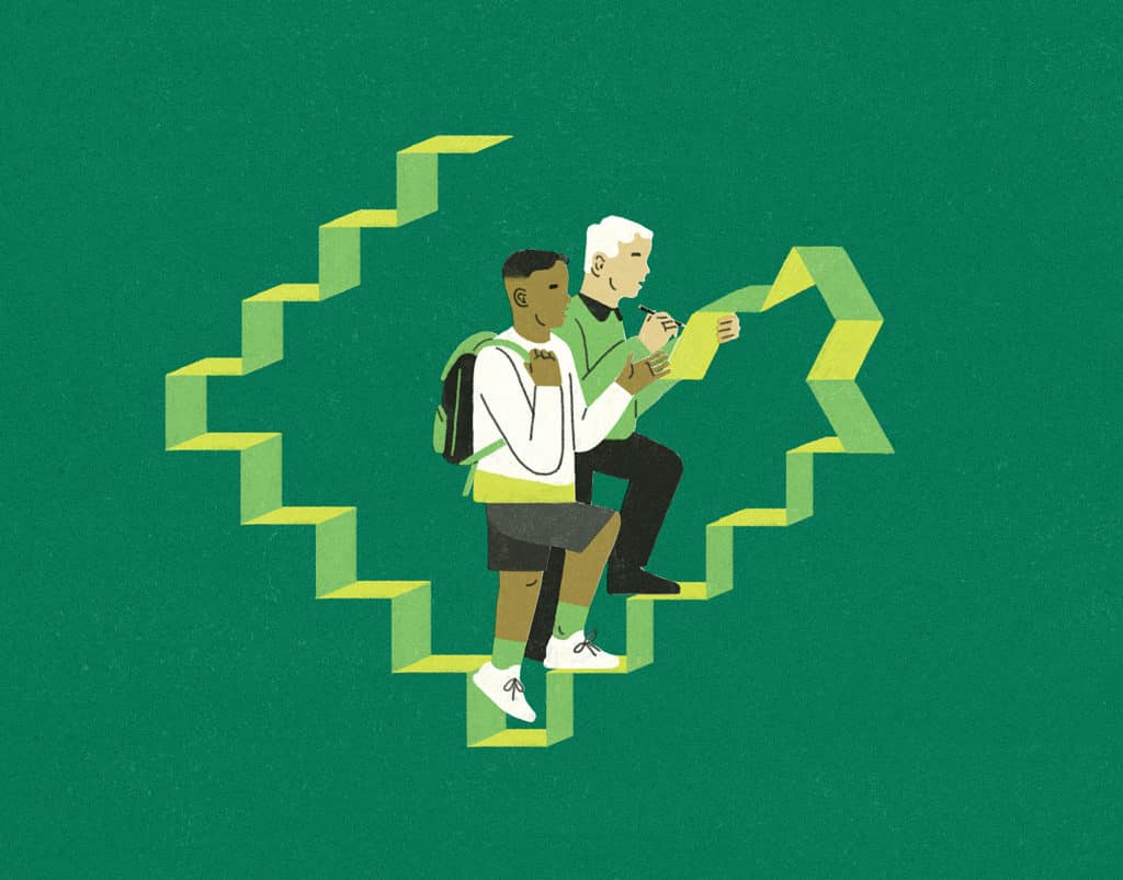 An illustration of an older and younger person walking on an abstract staircase emerging from a notebook